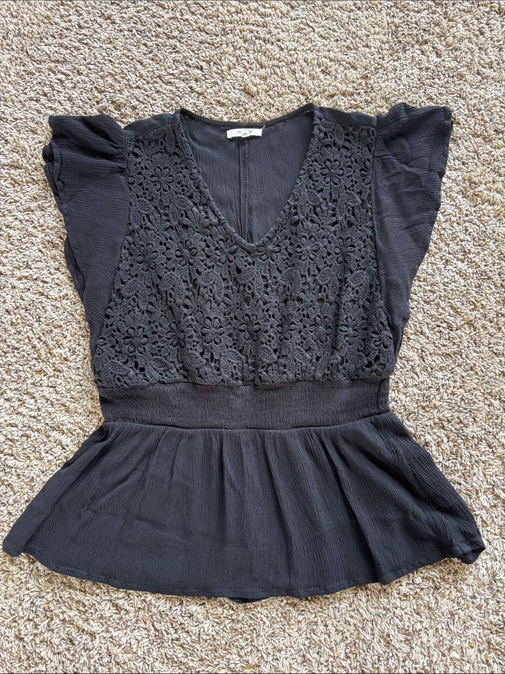 Maurices Black Crochet Floral V-Neck Peplum Top